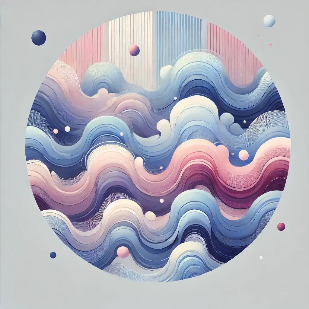 Illustration for Celestial Waves featuring soft, flowing waves of color in hues of blue, purple, and pink