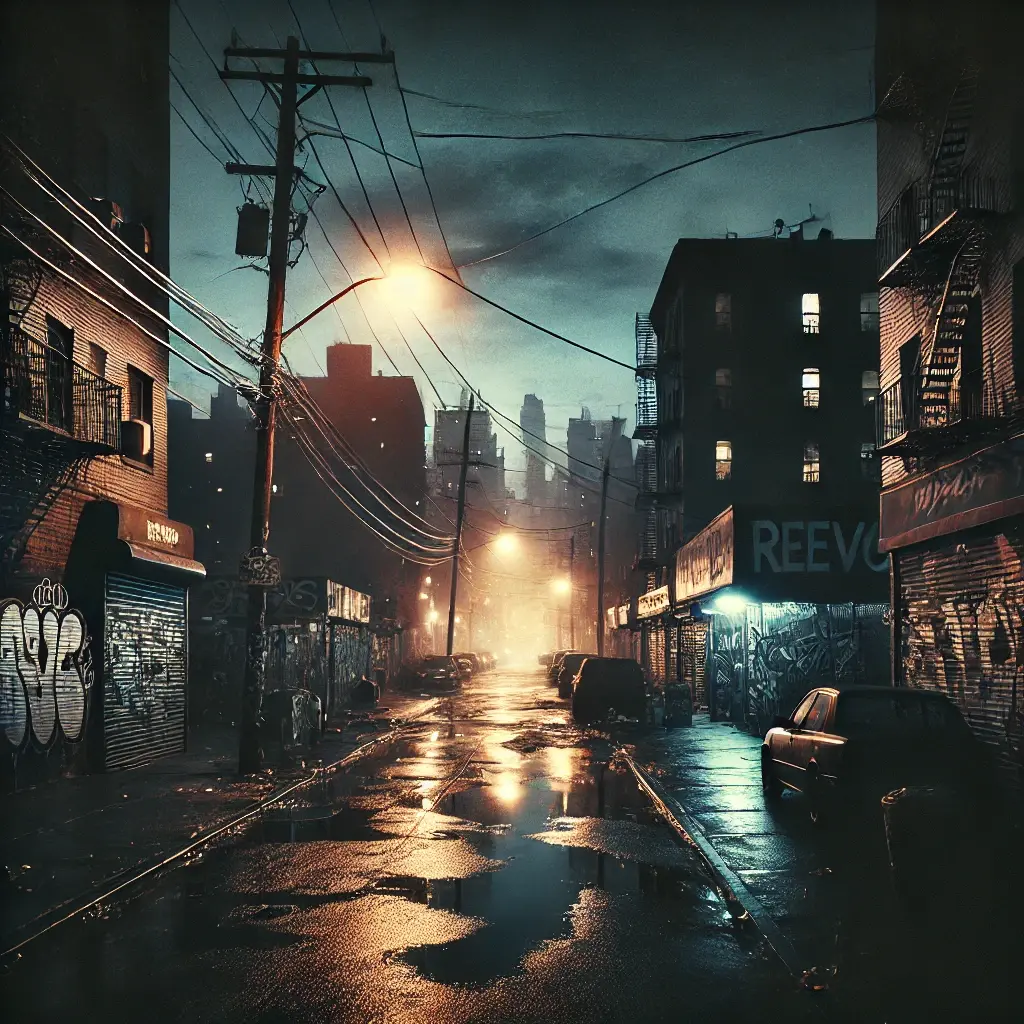 Photography of a gritty urban cityscape at twilight, featuring dimly lit streets, graffiti, dramatic shadows, and glimmers of streetlights reflecting off wet pavement.