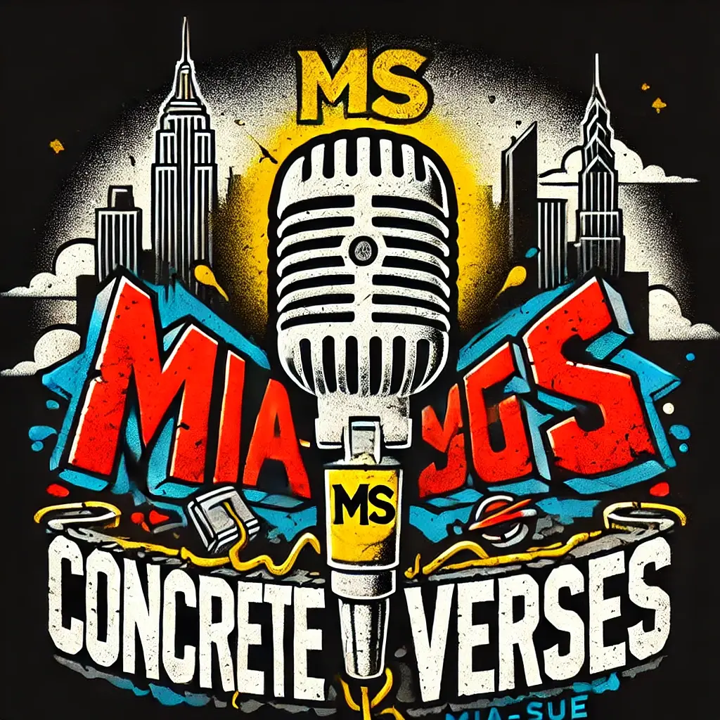 A gritty urban skyline with stylized graffiti text, a microphone embedded in the concrete, and vibrant pops of red and yellow, featuring mia-sue's 'MS' logo prominently at the top.