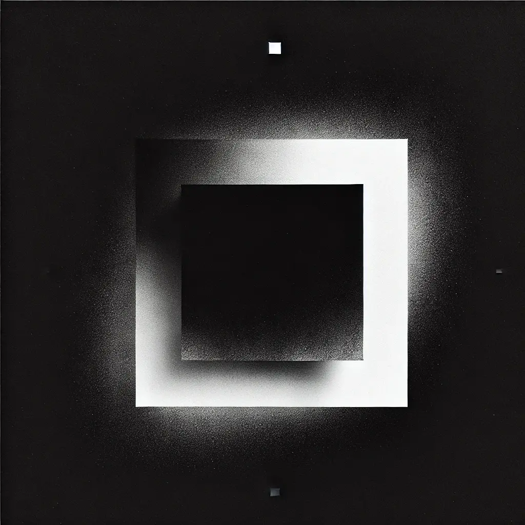 An abstract album art design featuring a stark white square against a solid black background with subtle shadow effects, reflecting minimalist simplicity.