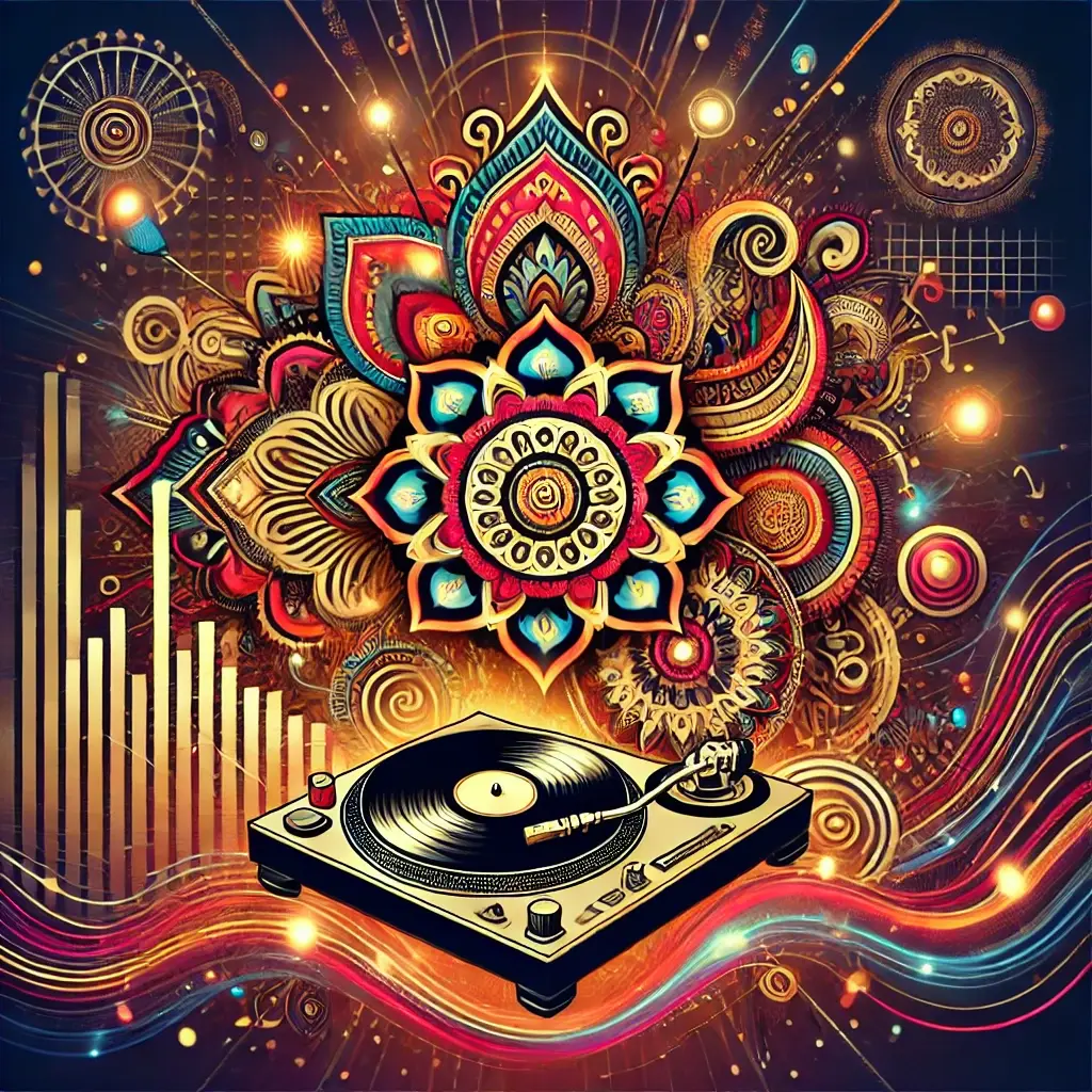 Illustration featuring vibrant Indian-inspired patterns with neon lights, blending a turntable and paisley motifs, representing Bollywood fusion music