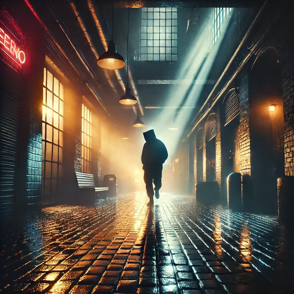 Photography of a dramatic city alleyway with dim ambient lighting, wet cobblestones reflecting faint neon signs, and a lone figure in a hooded silhouette walking through the shadows.