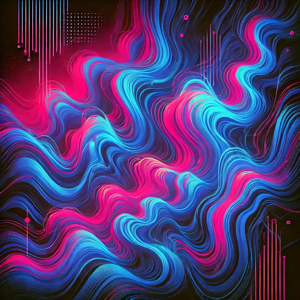 A vibrant abstract design with electric blue and neon pink waves blending like velvet on a dark, pulsating background, evoking energy and edginess.