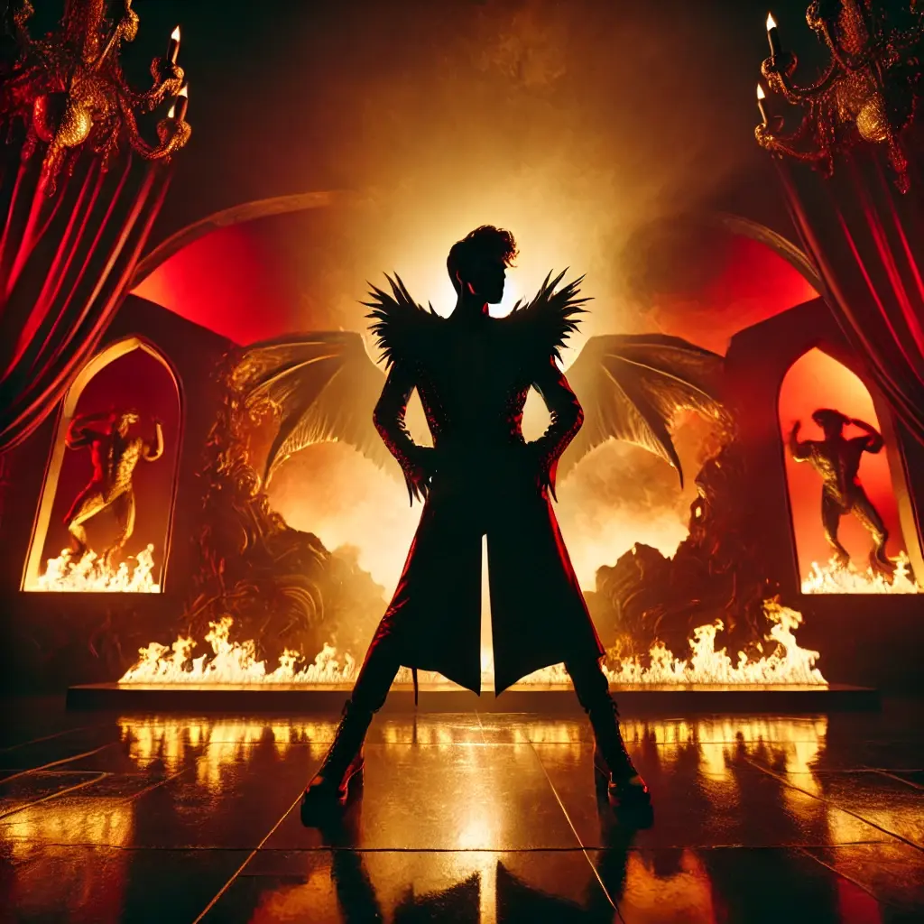 Photography of a bold theatrical stage setup with deep red and gold lighting, dramatic shadows, and a powerful androgynous performer silhouetted against glowing embers.