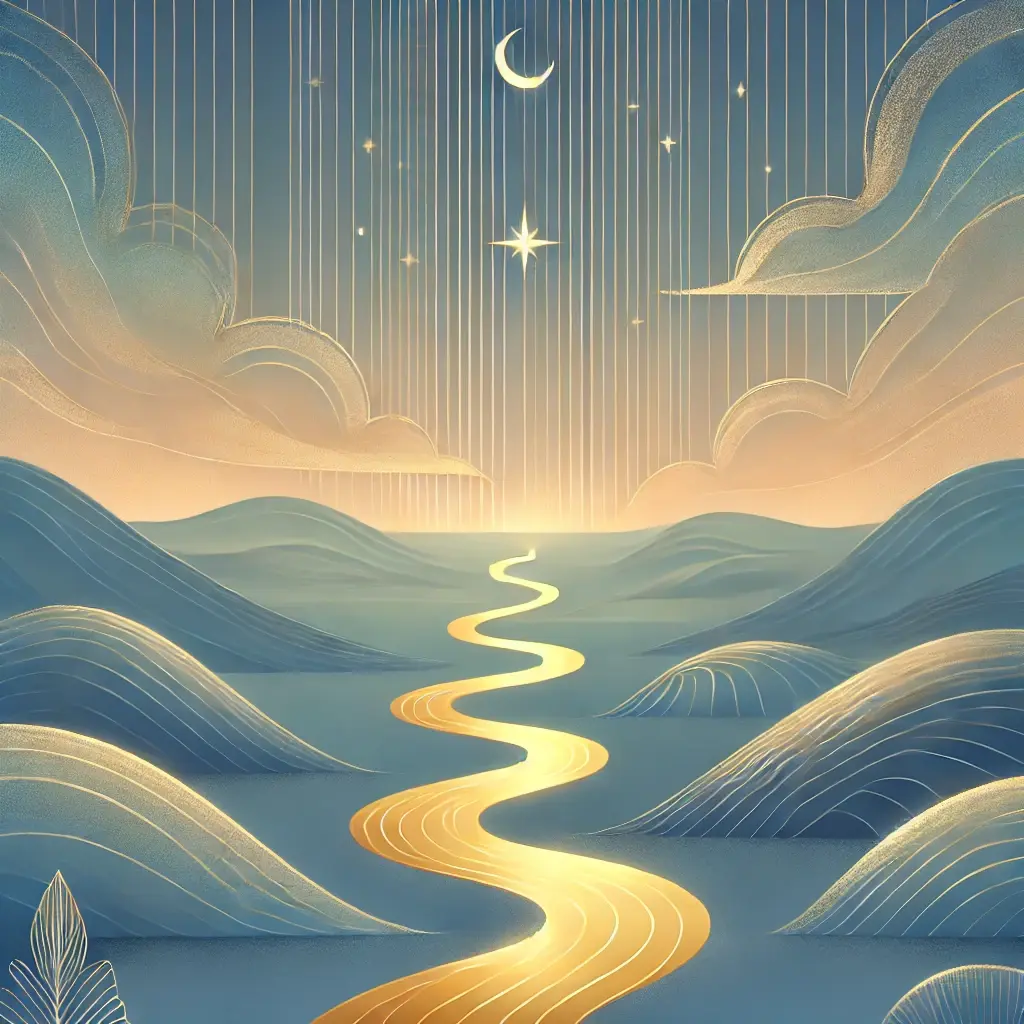 A winding golden path illuminated under a dreamy twilight sky, surrounded by minimalist landscapes with soft hues of blue and gold, evoking wonder and introspection.