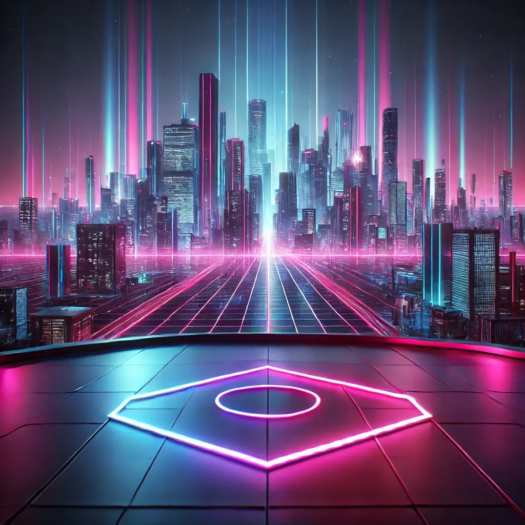 A vibrant city skyline at night glowing with neon lights in pink, blue, and purple, with a silhouette of a confident figure looking out, evoking empowerment and dynamism.