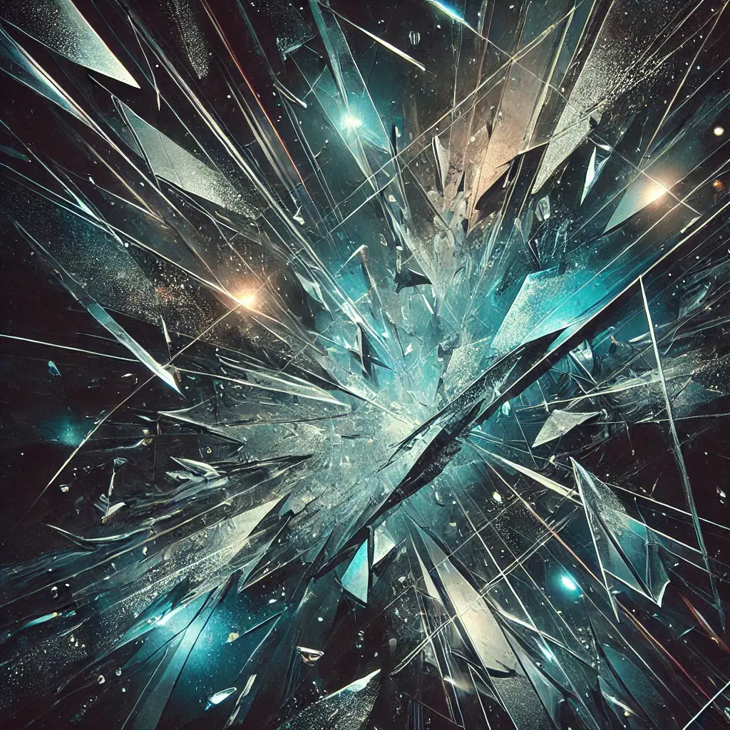 An abstract album art design featuring shattered glass-like patterns in shades of midnight blue, silver, and teal, with faint glowing lines intersecting dynamically, evoking introspection and resilience.