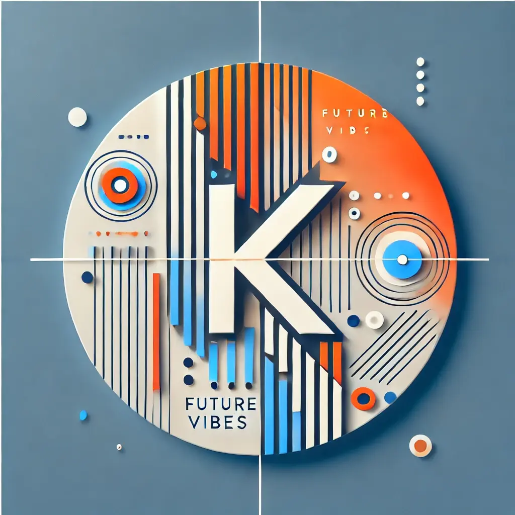 Minimalist intersecting lines and abstract shapes in bold orange, blue, and white, with a stylized 'K' logo featuring Afro-futuristic elements.