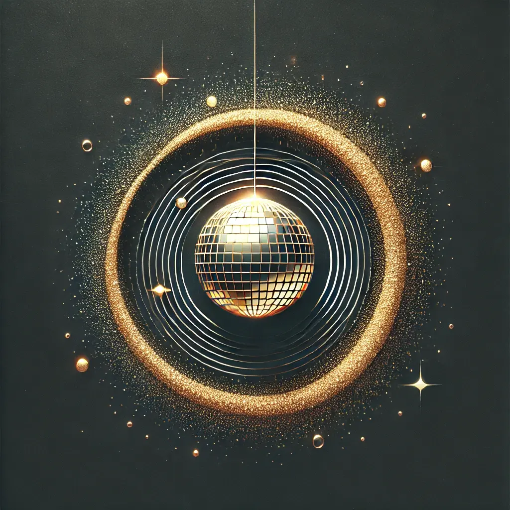 A dazzling album cover with golden glitter swirls and a glowing disco ball at the center, radiating light and energy.