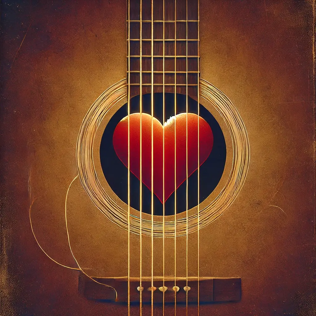 A glowing red heart wrapped in guitar strings, set against a textured background of earthy brown and soft gold tones, symbolizing love and music.