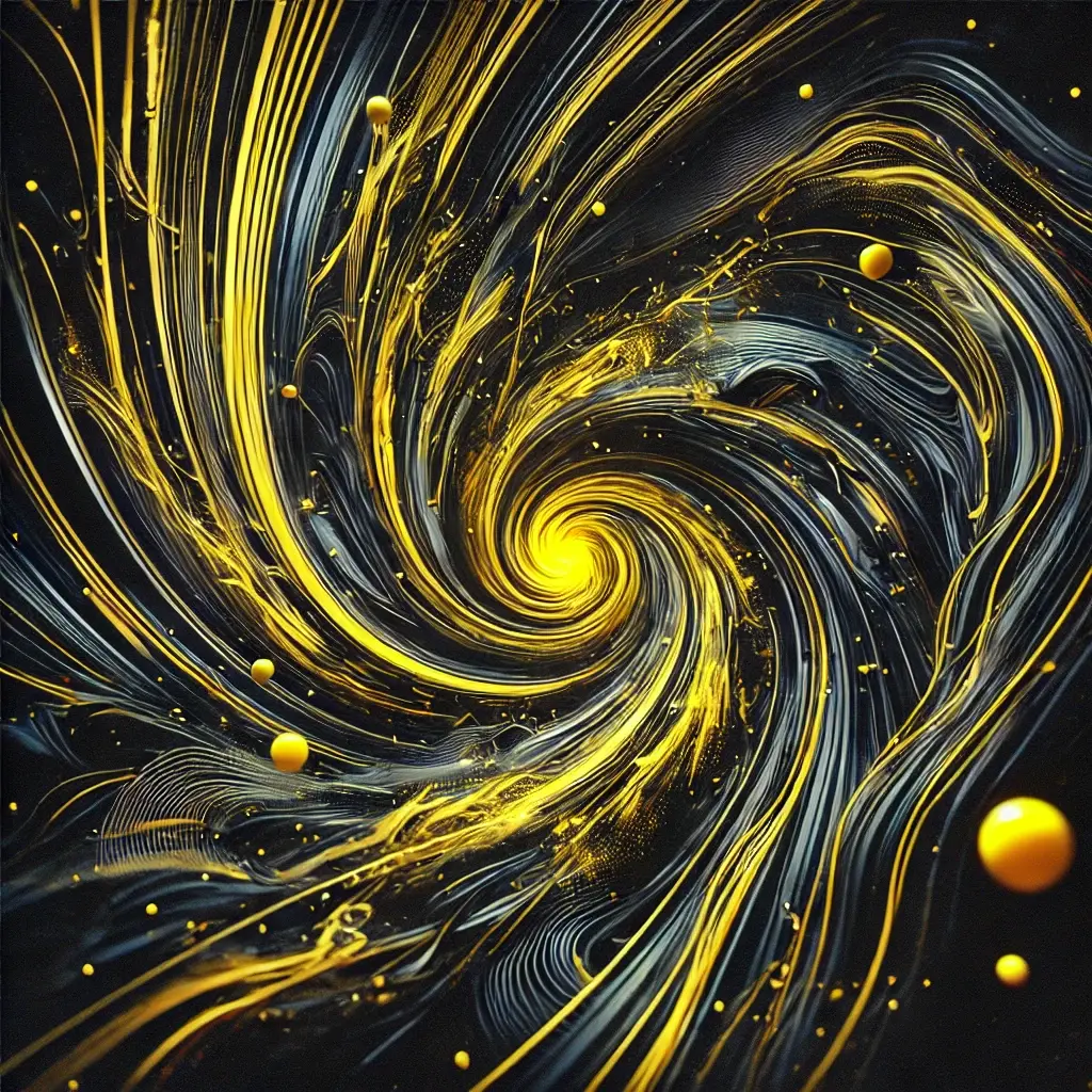 An abstract album art design featuring swirling, vortex-like patterns with glowing yellow highlights set against a deep black background, evoking a mysterious and dynamic aesthetic.