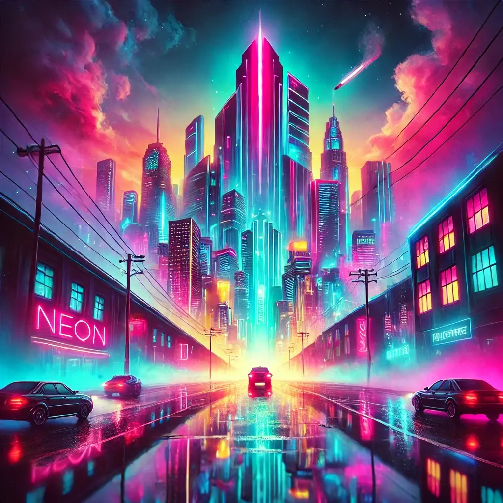 Album cover of Neon Dreams by Echo Lume, featuring a glowing cityscape under a cyberpunk sky