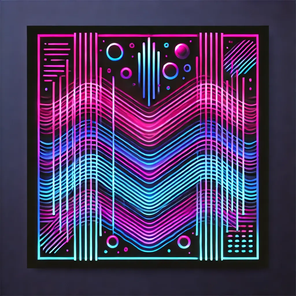 Bold, glowing neon shapes in electric pink, purple, and blue, creating a layered echo effect on a dark background with gradient glow, evoking movement and energy.