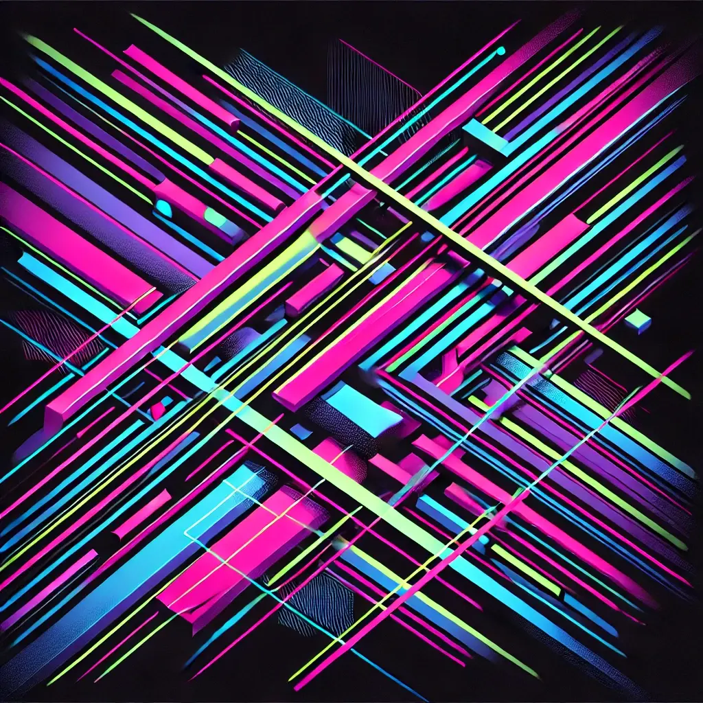 Glowing intersecting neon lines forming a funky geometric pattern with vibrant colors like magenta, cyan, and lime green on a dark background.