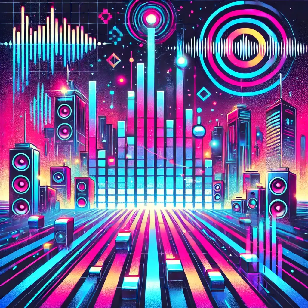 A stylized neon pixelated cityscape with vibrant colors like electric blue, pink, and purple, featuring a glowing equalizer integrated into the skyline.