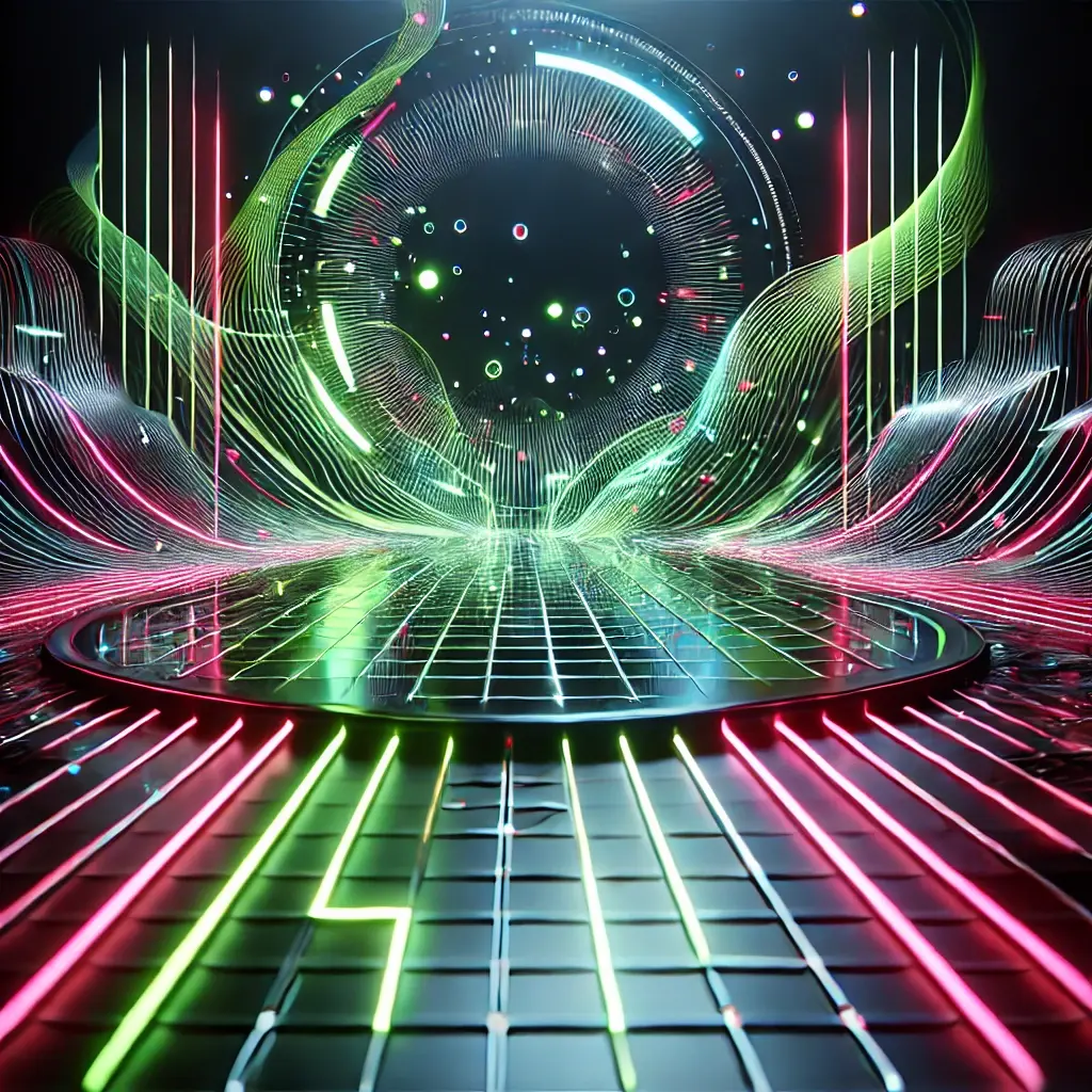 A futuristic dance floor lit with streaks of neon green and pink lights, with abstract geometric patterns pulsating in the background, evoking bold energy and modernity.