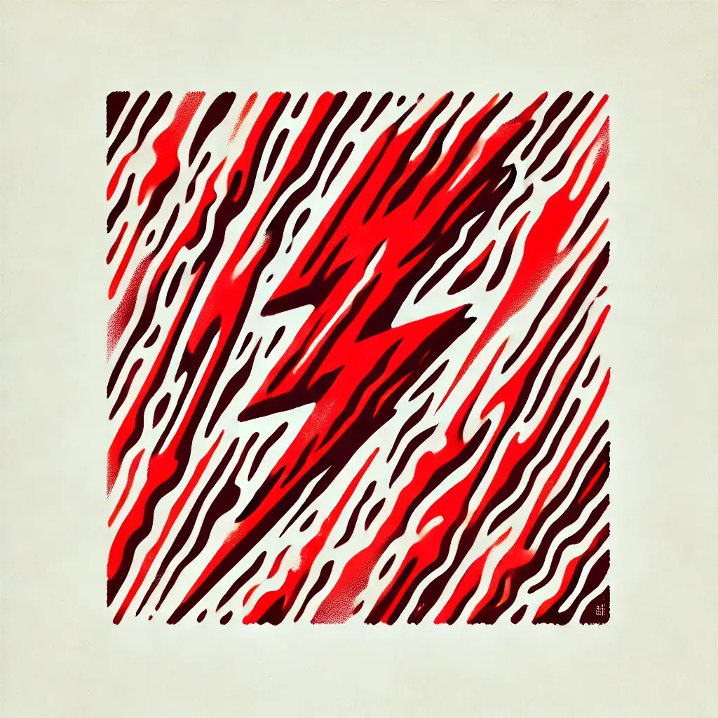 An abstract album art design featuring a single bold red color with dynamic streaks and shapes resembling lightning and flames, symbolizing energy and defiance.