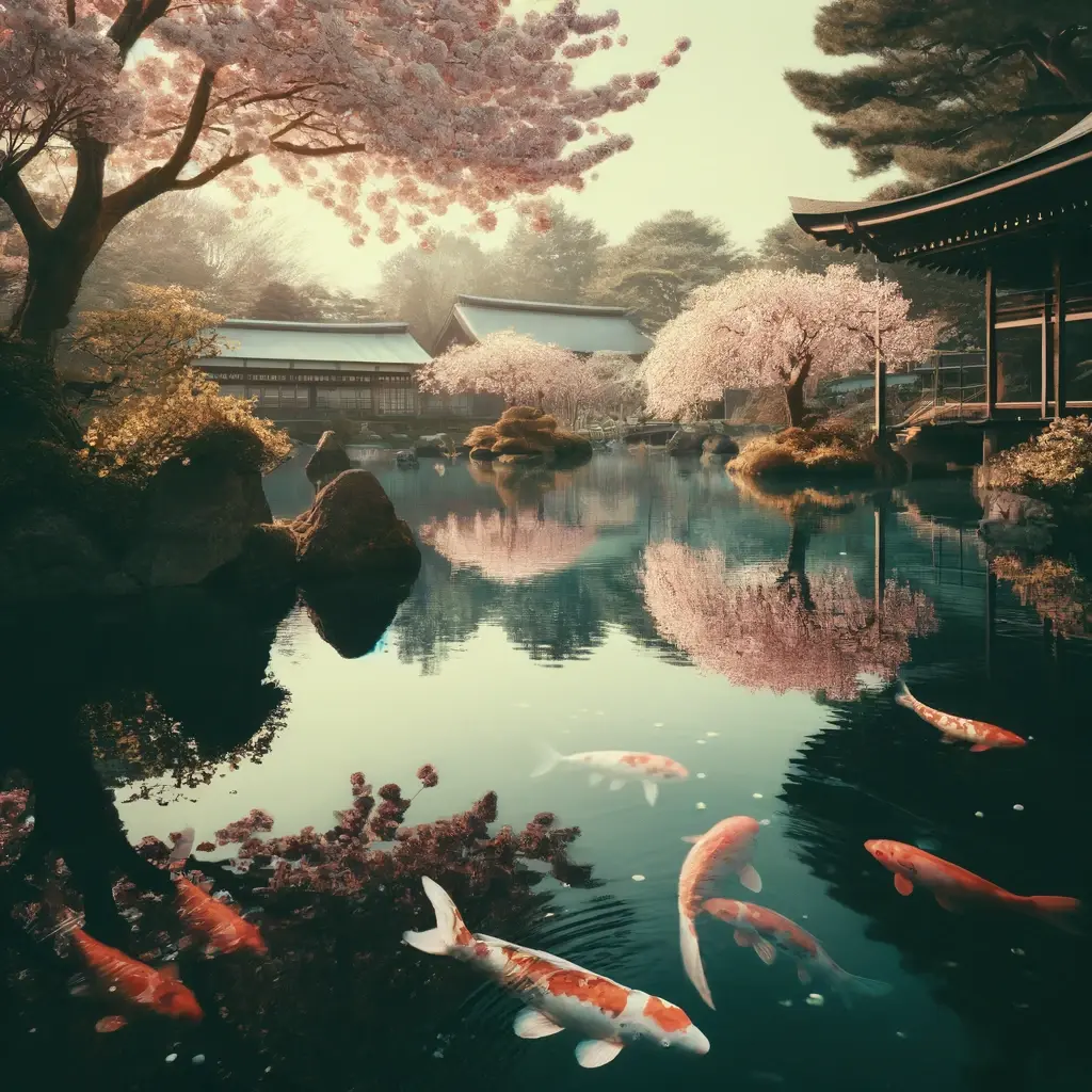 A still pond in a Japanese garden with vibrant koi fish swimming beneath the surface, surrounded by delicate cherry blossoms, creating a peaceful and meditative atmosphere.