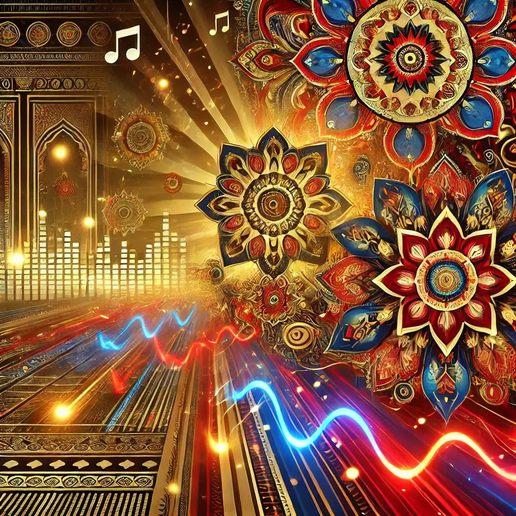 Illustration featuring vibrant Indian patterns, mandalas, and neon waveforms, blending traditional and modern music styles for a Bollywood fusion album