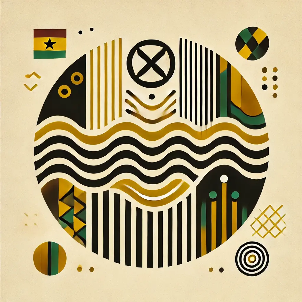 Minimalist lines forming abstract waves and geometric patterns in bold gold, green, and black, with a stylized 'K' logo inspired by Adinkra symbols.