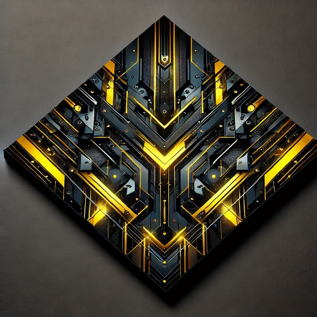 An abstract album art design featuring sharp, angular patterns resembling circuit boards with glowing yellow accents against a deep black background, evoking a futuristic and intense aesthetic.