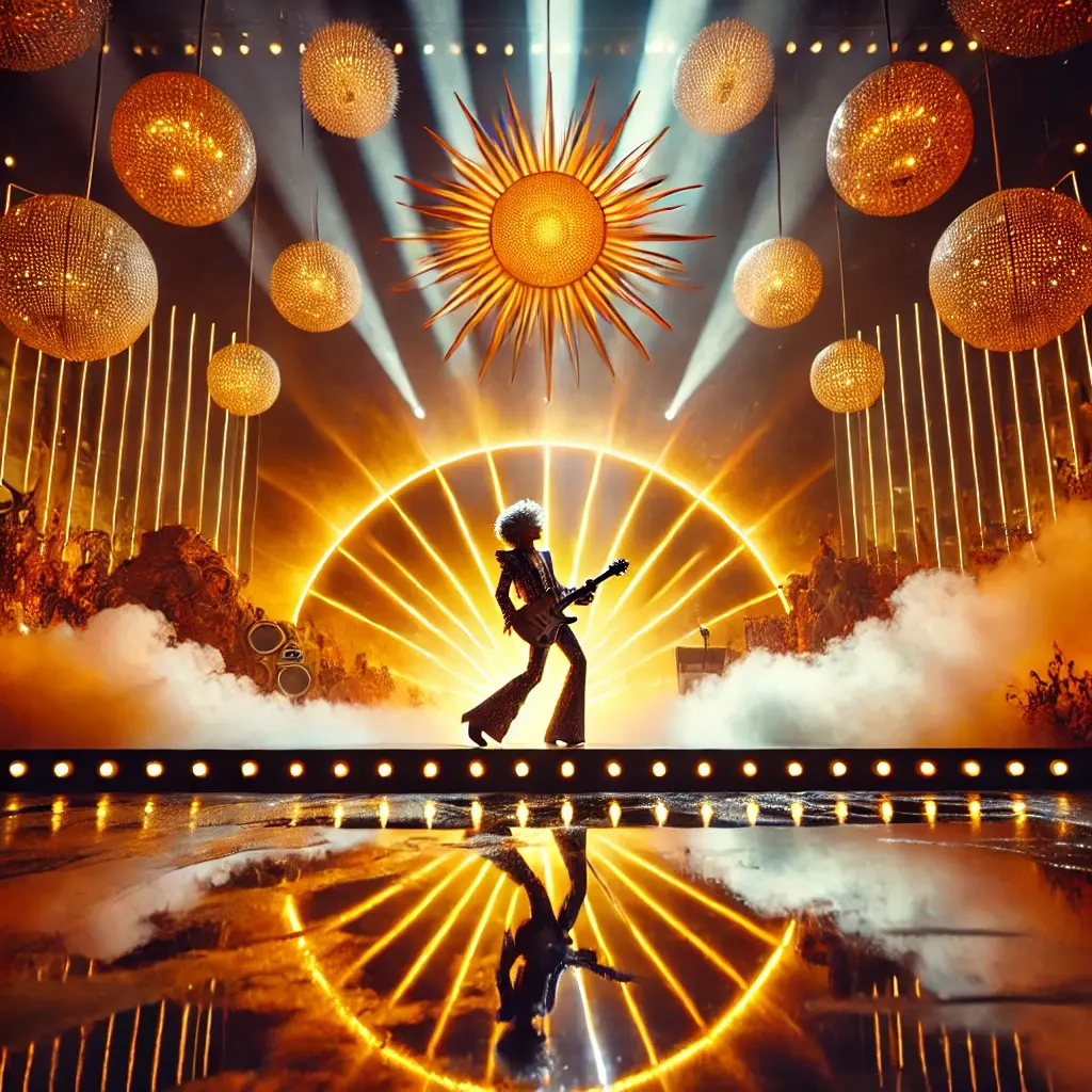 Photography of a dynamic concert scene featuring a radiant stage with glowing orange and yellow lights resembling solar flares, dramatic smoke effects, and a striking androgynous figure performing with a guitar.