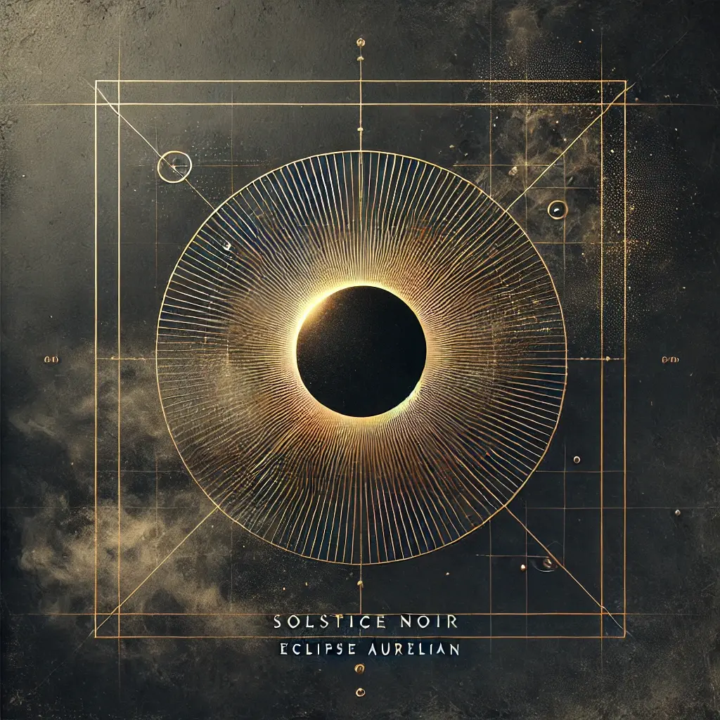 A golden eclipse surrounded by ethereal textures and abstract, smoky patterns on a dark background, evoking themes of mystery and ambient jazz.