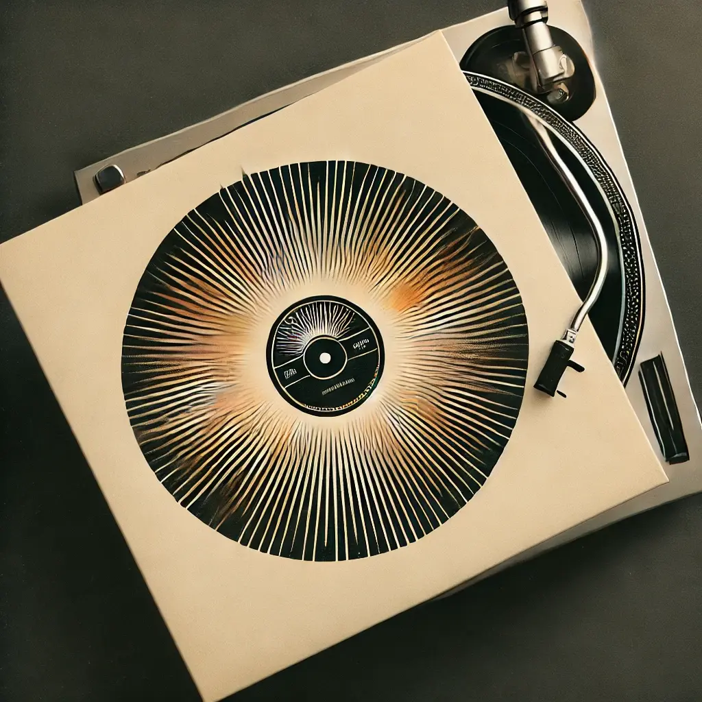 An abstract sunburst in soft gold and orange hues emerging from a record player, symbolizing rebirth and timeless music.