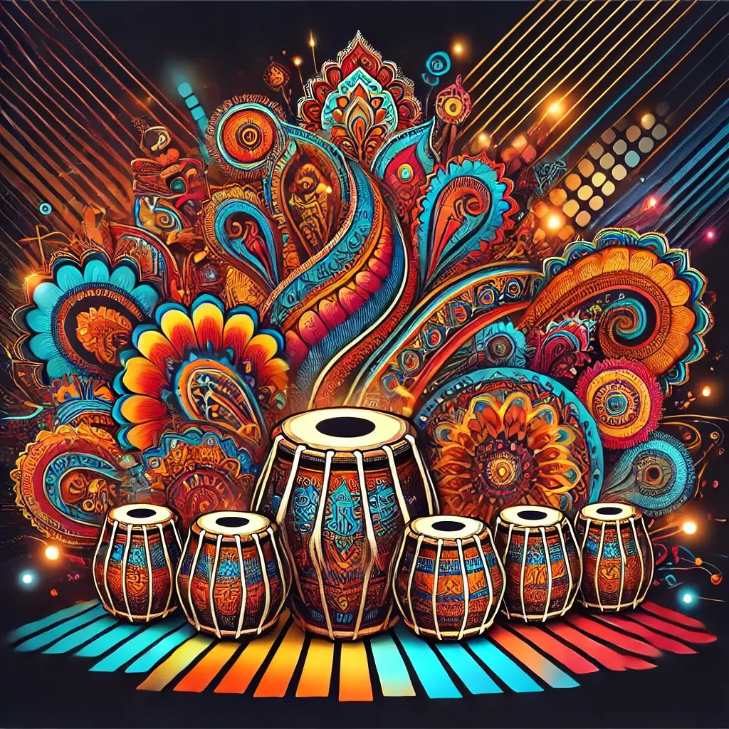 Illustration featuring vibrant paisley patterns, tabla drums, and neon accents for a Bollywood fusion album, blending traditional Indian and modern electronic styles