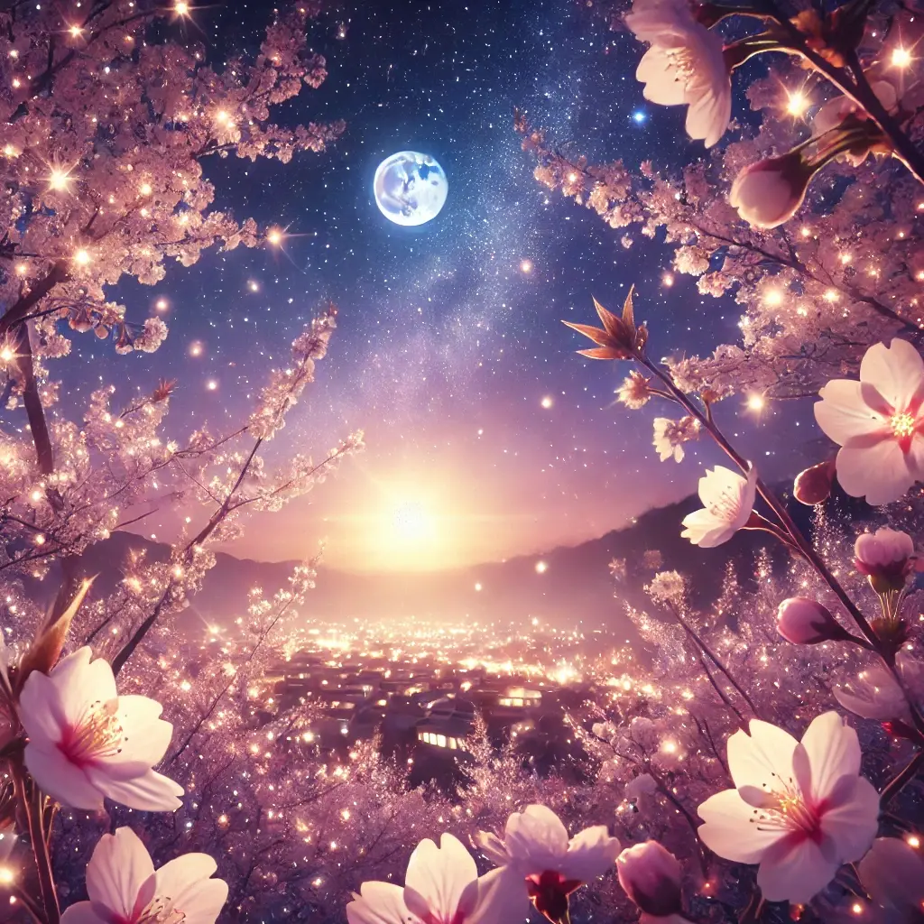 A dreamy night sky with twinkling stars, cherry blossoms illuminated by fairy lights, and a soft glow from the horizon, evoking magic and peace.