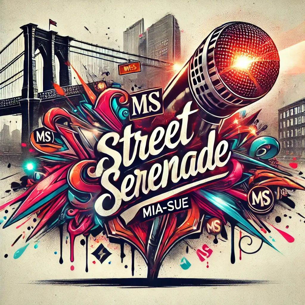 A dynamic urban streetscape with colorful graffiti, a spotlighted microphone at the center, and a stylized 'MS' logo integrated into the graffiti.