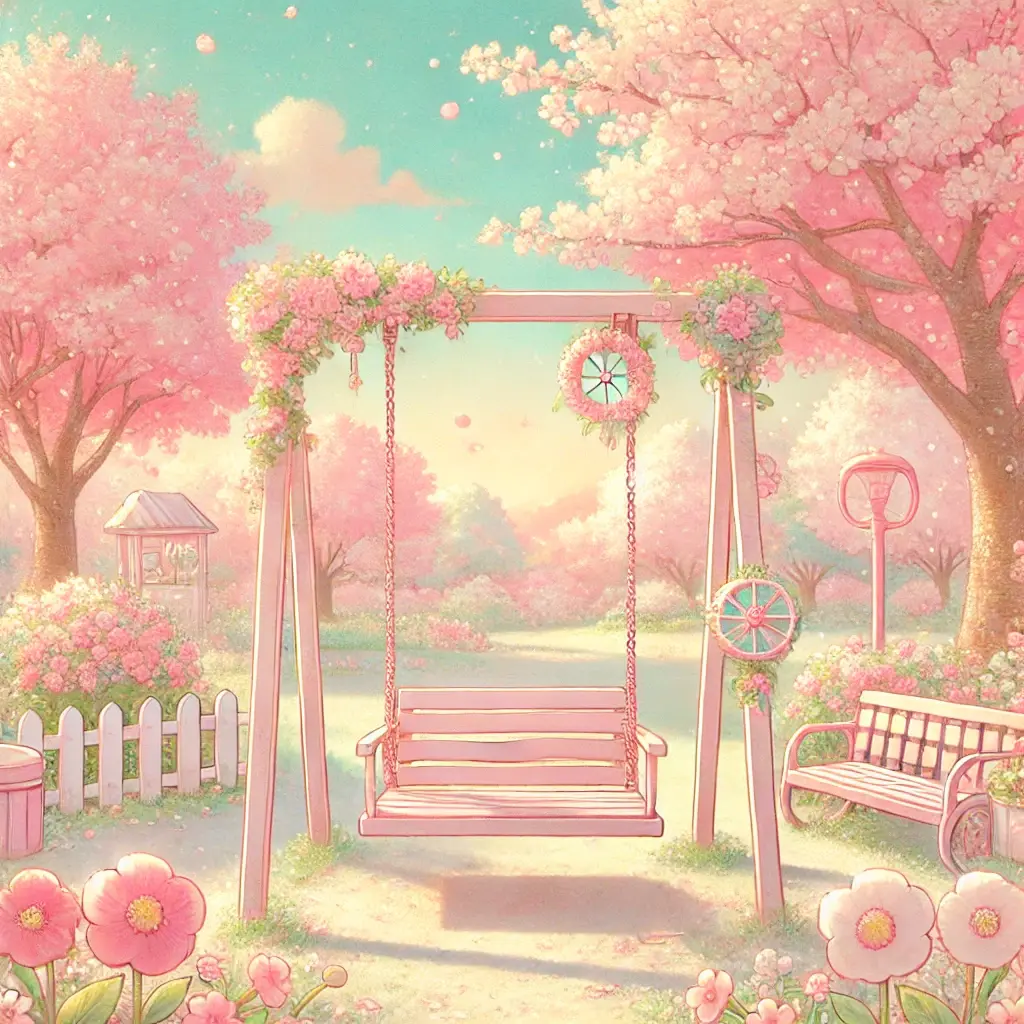 A pastel-colored park in springtime with blooming cherry blossoms, soft pink skies, and a vintage-style swing, evoking a playful and dreamy J-Pop mood.