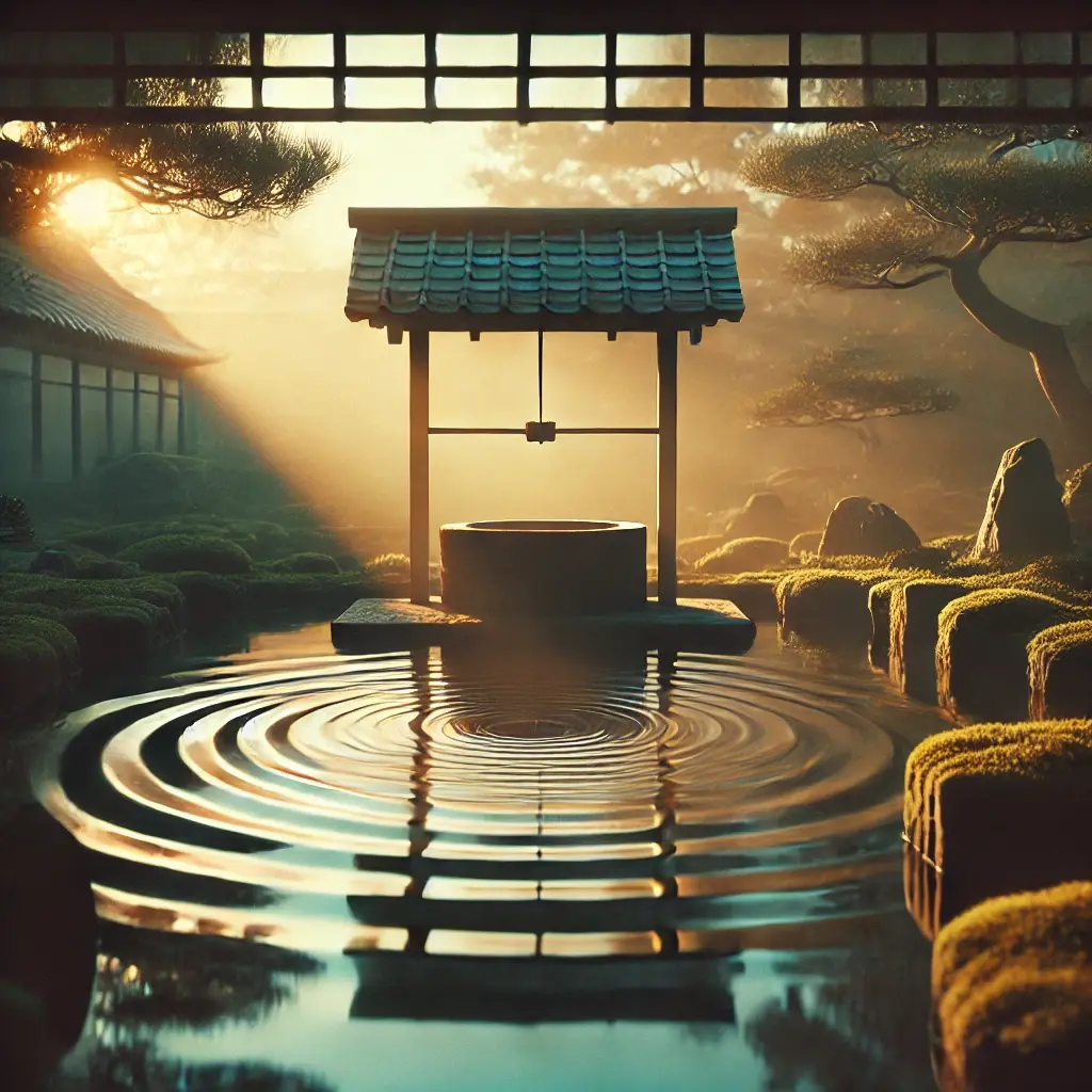 A tranquil Japanese garden featuring a circular stone well surrounded by moss with soft ripples in the water reflecting warm sunlight, creating a calm and meditative atmosphere.