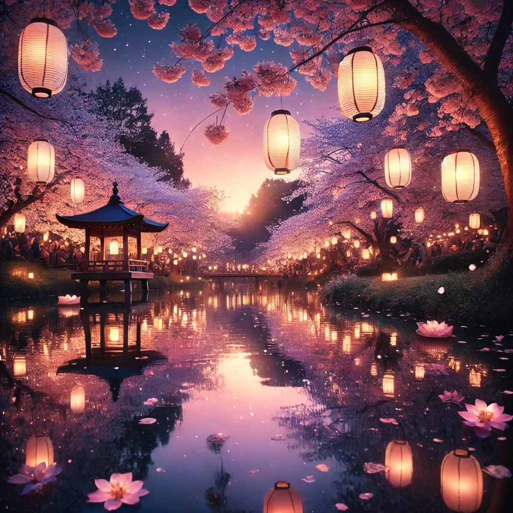 A peaceful evening with glowing lanterns hanging among cherry blossoms, a soft purple-pink sky, and gentle reflections in a calm pond, evoking serenity and romance.