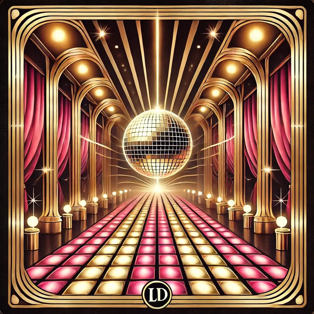 A retro dancefloor lit with warm golden and pink hues, with shimmering curtains in the background, featuring luna-deluxe's 'LD' logo elegantly integrated.