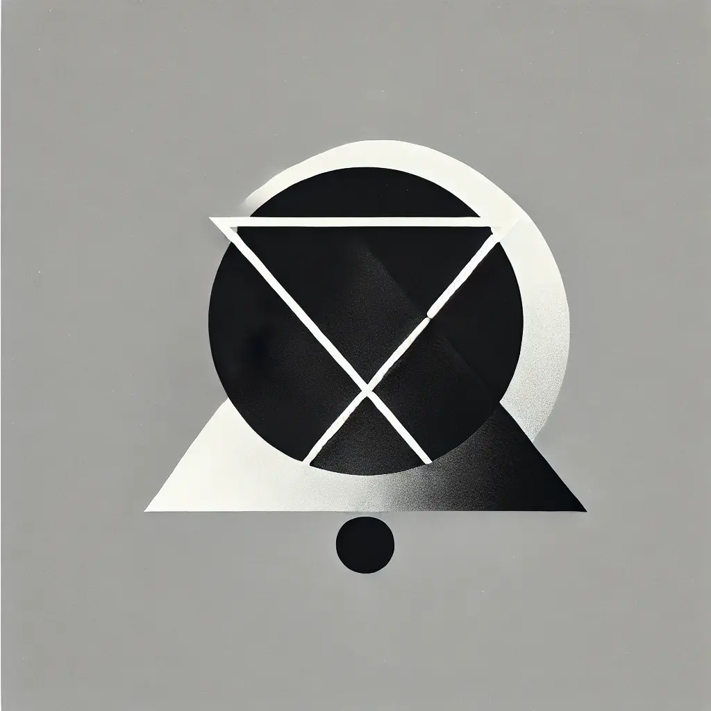 An abstract album art design featuring an intersecting black circle and a white triangle on a gray gradient background, reflecting minimalist aesthetics.