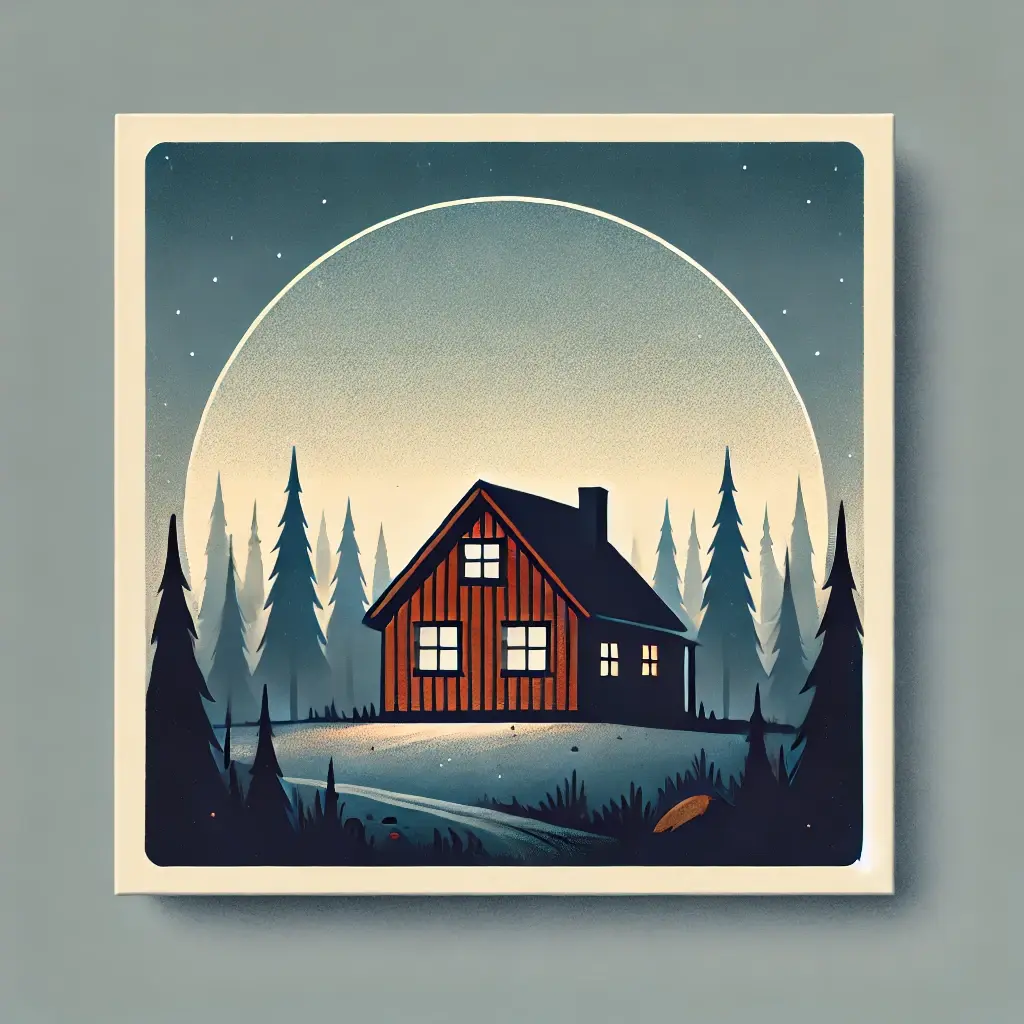 A cozy cabin in the woods under a soft twilight sky, with a warm glow emanating from its windows, symbolizing tranquility and reflection.