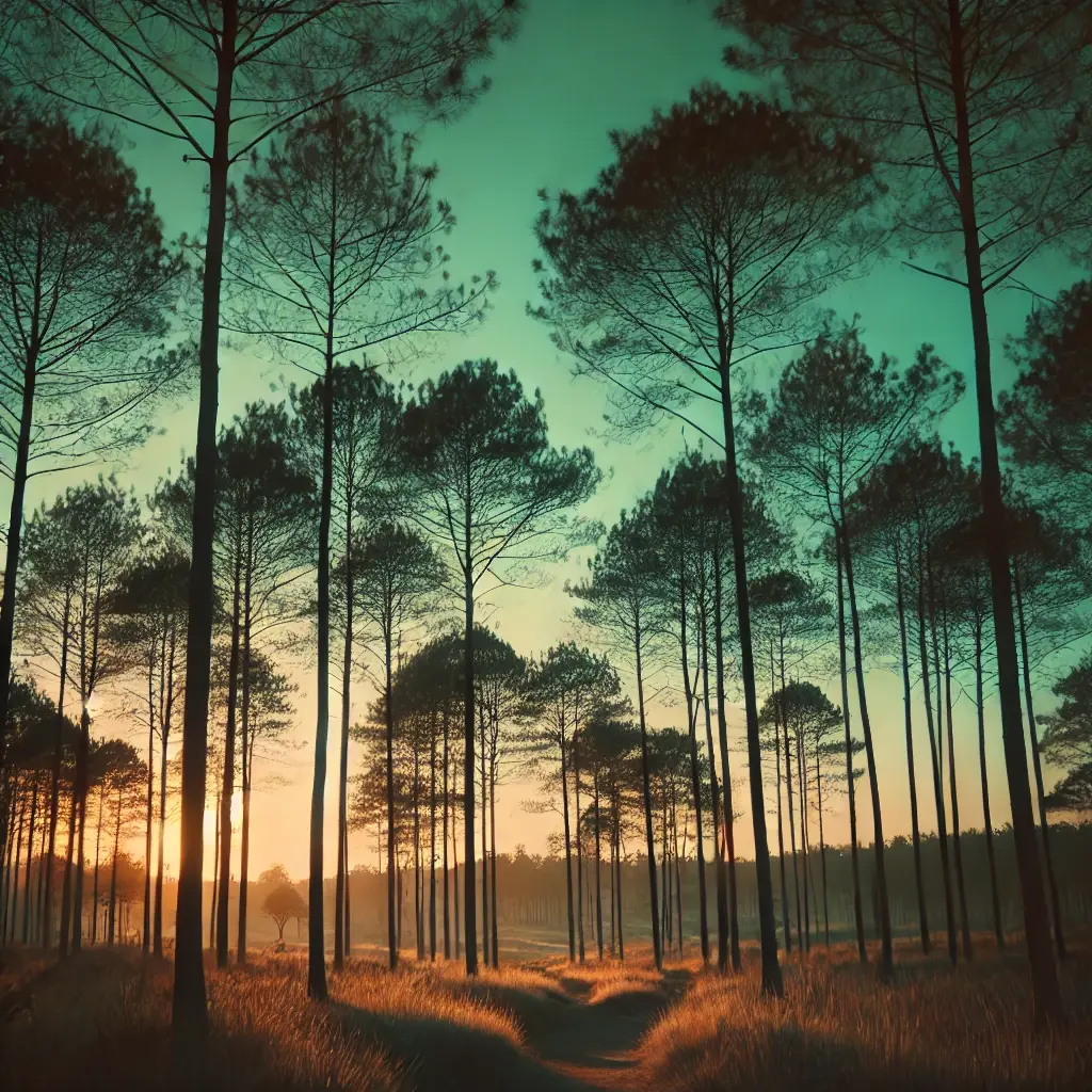 Photography of a peaceful forest with tall pine trees silhouetted against a soft evening sky in shades of teal and gold.