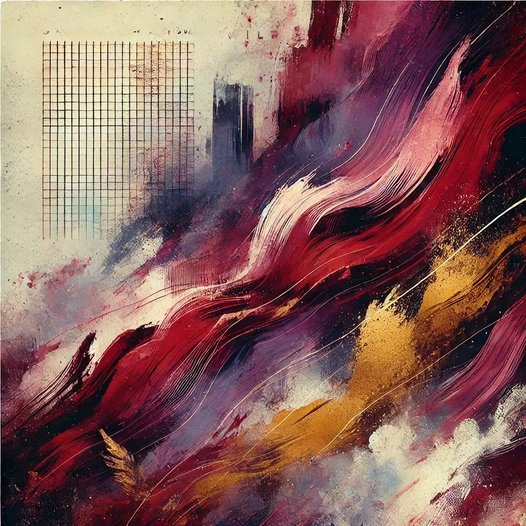 An abstract album art design featuring bold, sweeping brushstrokes in crimson, deep violet, and gold with subtle guitar string patterns embedded, evoking raw energy and passion.