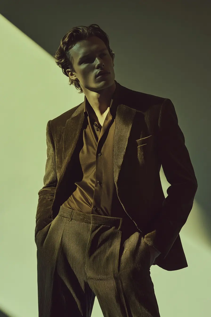 Eclipse Aurelian in a sharp corduroy suit, radiating mystery and refinement under moody lighting