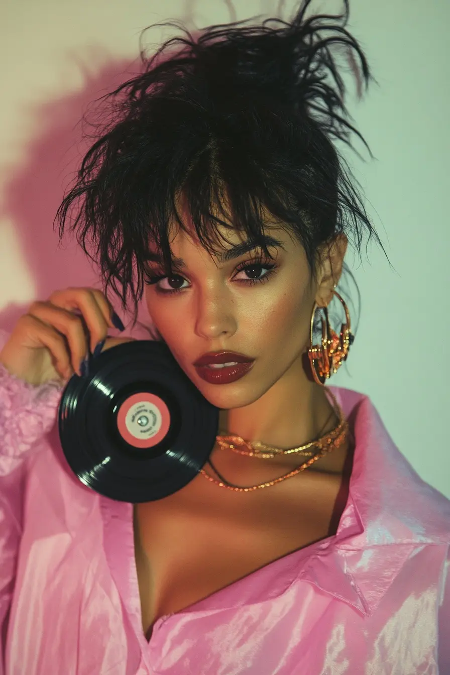 Luna Deluxe holding a vinyl record, styled with bold gold accessories and a shimmering pink outfit, exuding retro glamour with a modern twist.