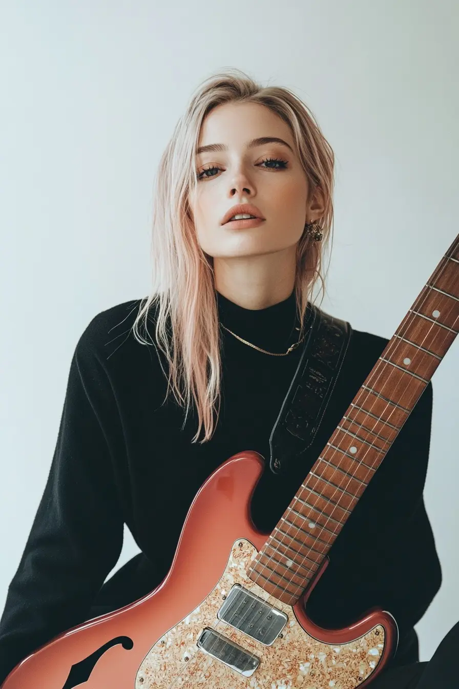 Nora Wilde holding her guitar with a minimalist and modern style