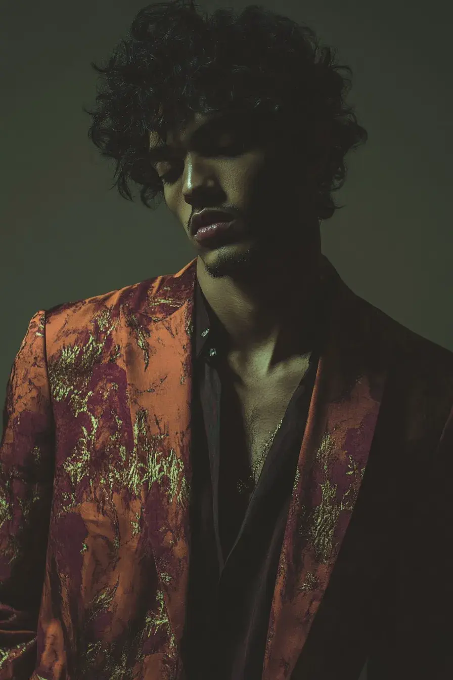 Teros in an intricate, textured jacket, exuding a mysterious and introspective aura, captured in moody, cinematic lighting